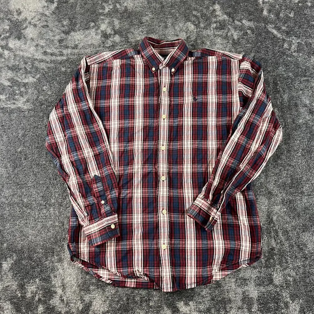 Ralph Lauren Button Up Boys L Long Sleeve Plaid Red Blue Pony Cotton